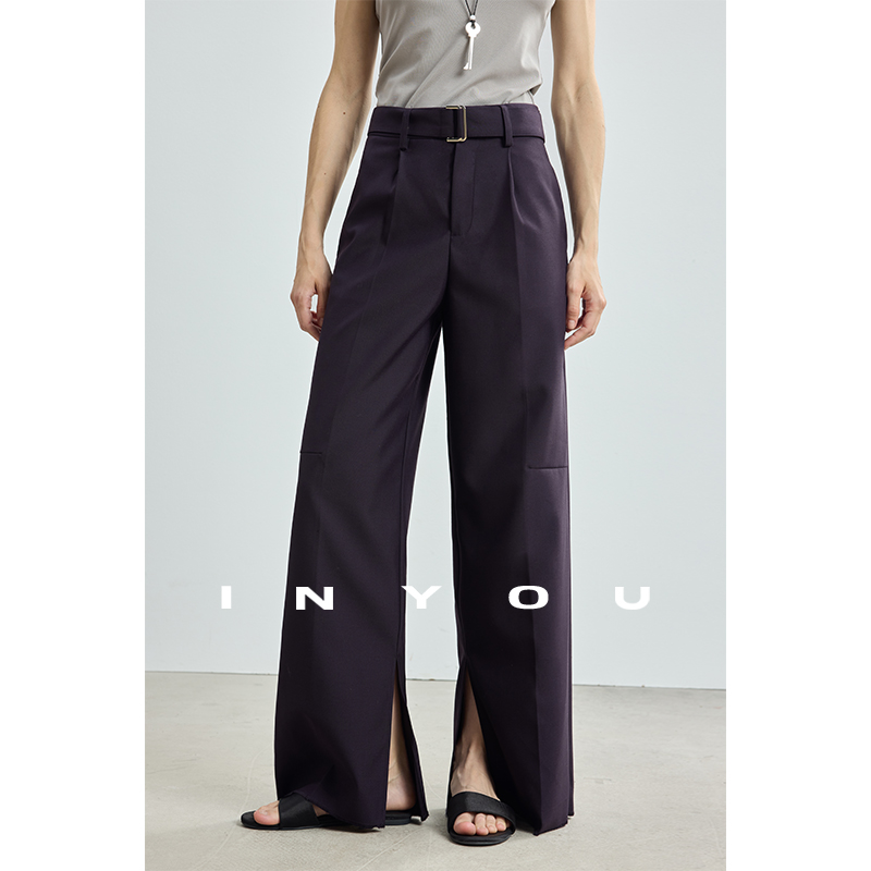 因由 轻奢气质利落大方阔腿开叉休闲直筒裤长款羊毛显瘦西装裤女