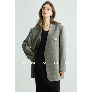 因由 外套女 格纹老钱风时髦西服VTG威尔士格无领松弛摩登复古西装