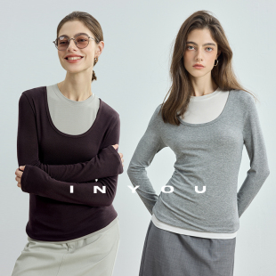 显瘦打底衫 修身 上衣女 0压简约高级撞色背心羊绒叠穿柔软长袖 因由