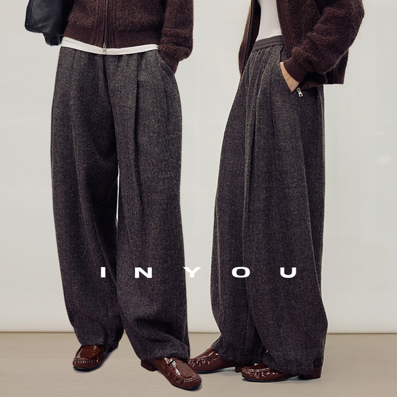 因由 高级羊驼毛阔腿拖地垂坠感混纺压褶宽松廓形秋冬女休闲长裤