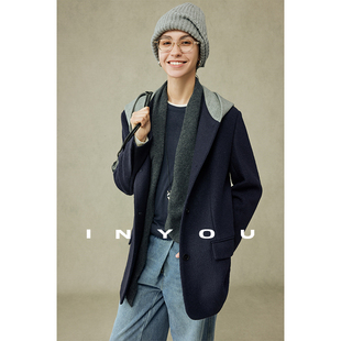 经典 因由 设计感 外套女时尚 廓形羊毛呢西服 轻生活卫衣连帽西装