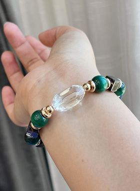 天然水晶手链茶水晶孔雀石白水晶手串设计款礼物饰品生日女