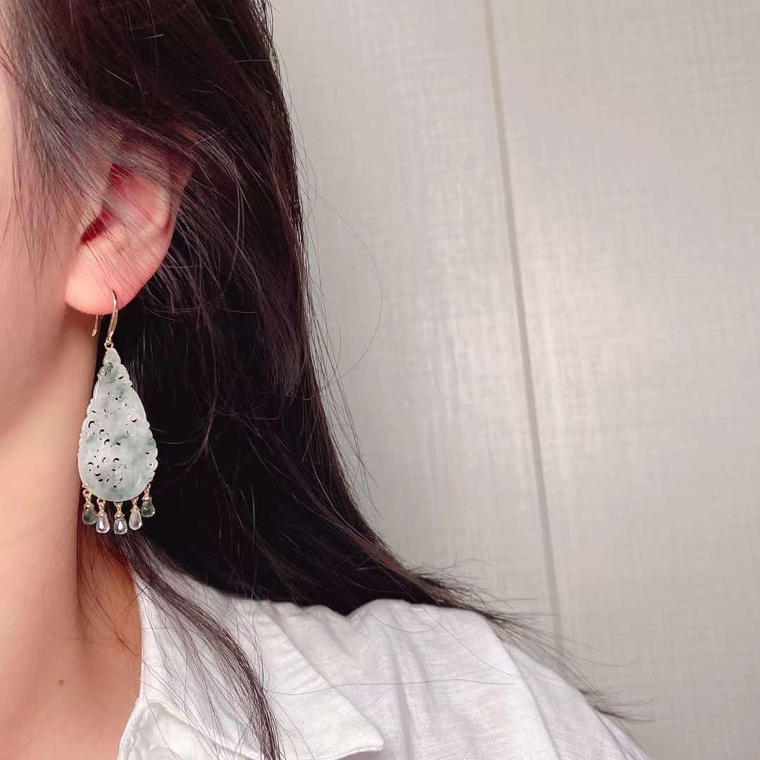 天然翡翠耳坠女款18k金冰种飘花绿玉石古风彩蓝宝耳坠耳饰