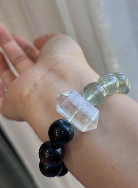 天然水晶手链绿幽灵手串黑曜石手饰品礼物生日白水晶双尖