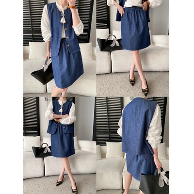 法式高级感老钱风牛仔马甲背心松紧高腰半身裙套装 SN8656