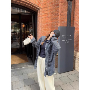 蓝调时刻复古高支棉宽松显瘦长袖 百搭格纹衬衫