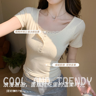 上衣 显瘦外穿条纹打底衫 820蕾丝花边拼接假两件短袖 T恤女内搭修身