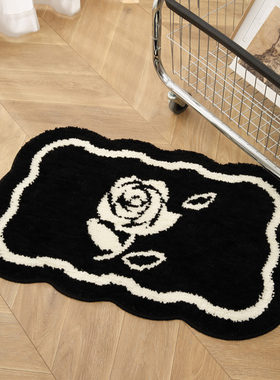 浴室吸水地垫黑白花朵厕所门口脚垫细密绒毛地毯卫生间速干防滑垫