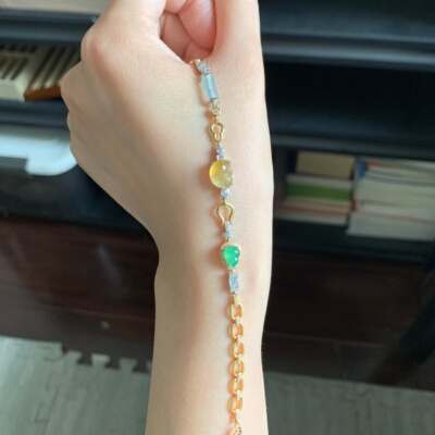 毛毛的翠/M 15233/天然18k高品多宝冰黄甜绿冰飘花翡翠手链//8999