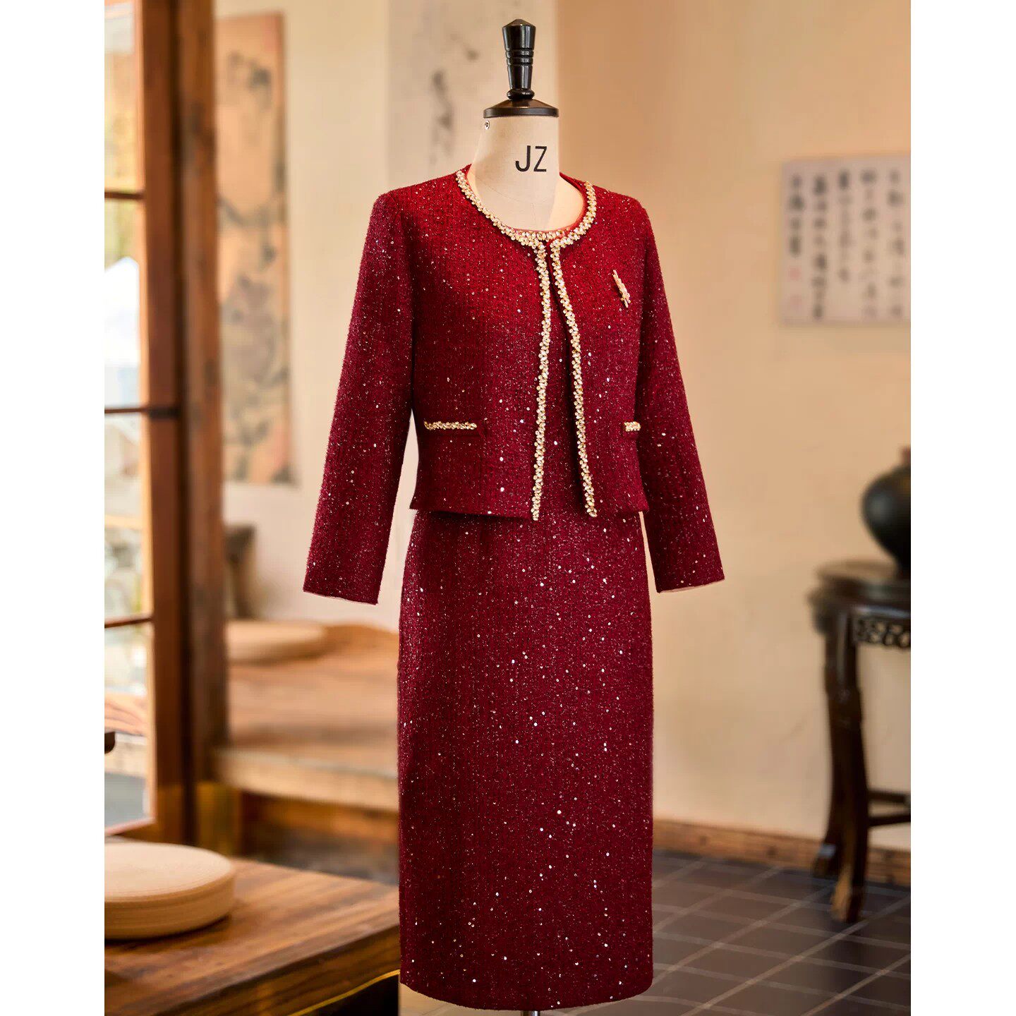 小香风喜婆婆结婚礼服酒红色钉珠圆领外套连衣裙中年妈妈婚宴套装