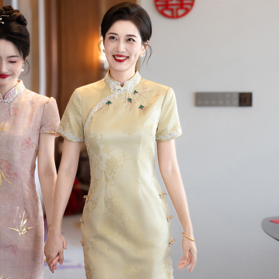 高贵金色改良旗袍女盘扣款气质年轻款订婚礼服2025新款日常可穿
