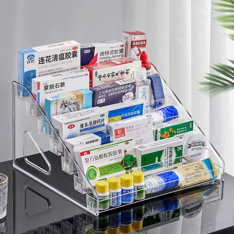 药品收纳盒家用阶梯式桌面大容量分格医疗急救展示架药箱收纳柜