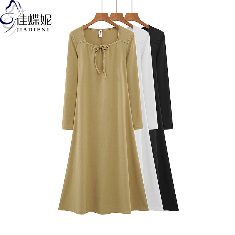 春秋新款韩版方领抽绳纯欲修身纯棉纯色赫本裙女长袖打底连衣裙