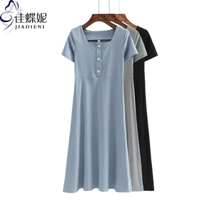 夏季中长款修身显瘦方领钮扣连衣裙纯棉纯色休闲女装中长款T裙