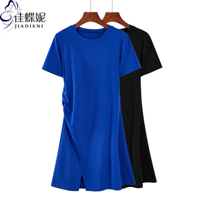 夏季新款韩版圆领纯白修身中长款褶皱纯色休闲短袖连衣裙女装