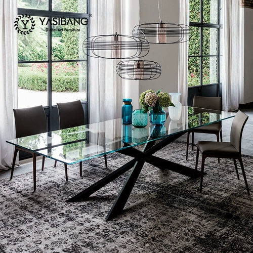 Итальянский минималистский стальный стеклянный обеденный стол прямоугольный современный минималистский домашнее питание.