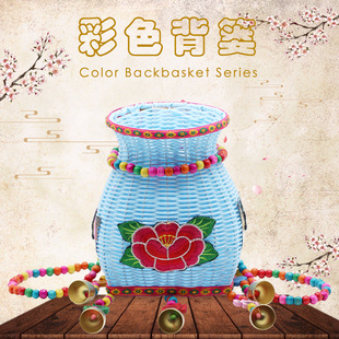 手工竹编民族风刺绣儿童鱼篓摆饰彩色风铃编婴儿背篓摆件