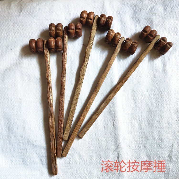 鸡翅木健身锤双滚轮捶子 腿部 背部经络按摩捶穴位滚轮放松器