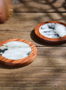 红木+大理石圆木片碗垫拖隔热垫原木圆形创意底座茶杯垫茶碟配件