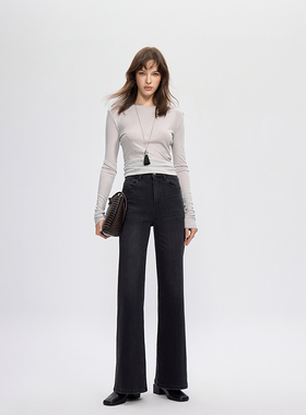 新款复古烟灰色四面弹筒喇裤女2025秋宽松直筒喇叭拖地长裤子