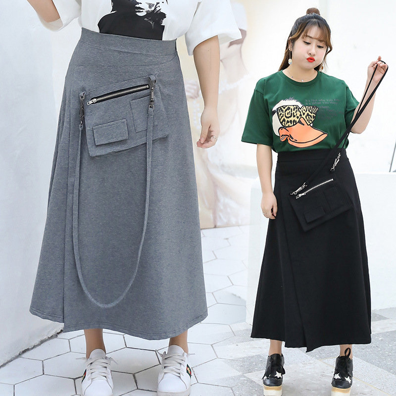 2019春季新款胖人服饰200斤显瘦韩版胖妹妹假背包半身裙纯色女裙