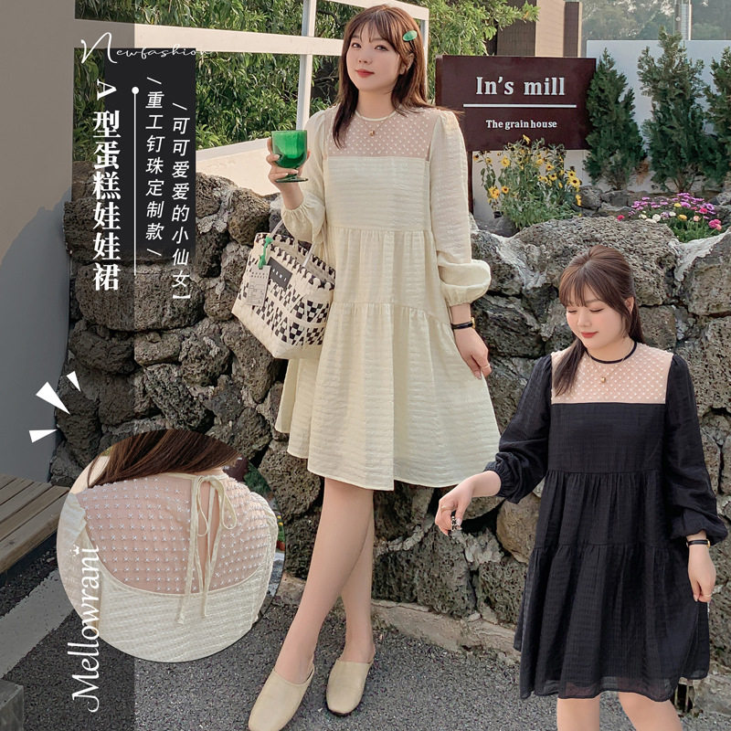 2023微胖大码女装初夏a版钉珠拼接娃娃裙连衣裙240斤胖女孩的衣服