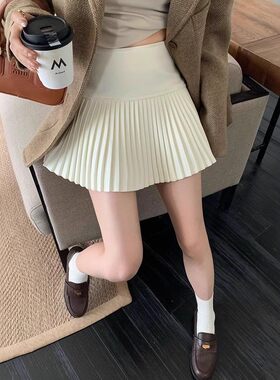 白色高腰显瘦百褶毛呢短裙学院风