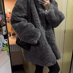 皮毛一体羊羔绒外套慵懒感2024新款中长款秋冬毛毛大衣皮草女环保