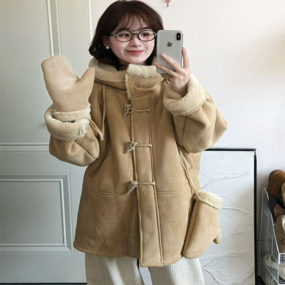 羊羔毛皮毛一体连帽外套