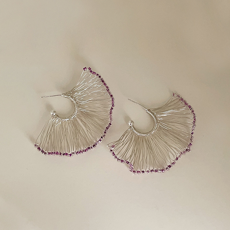 线条缠绕编织紫色串珠扇形耳钉女夸张个性精致潮流时尚耳环耳饰