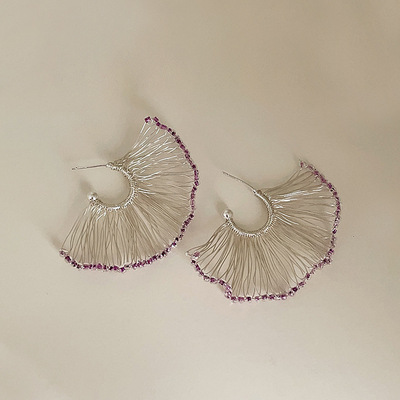 线条缠绕编织紫色串珠扇形耳钉女夸张个性精致潮流时尚耳环耳饰