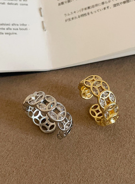 新中式精致锆石钱币戒指女复古新款个性独特时尚潮流百搭指环戒子