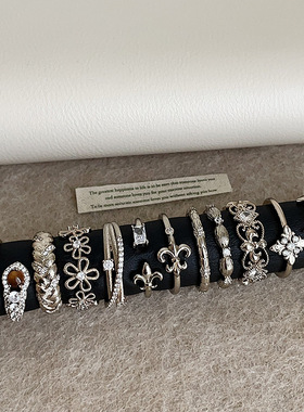 中古轻奢锆石花朵星星虎眼石戒指女复古独特个性时尚潮流指环戒子