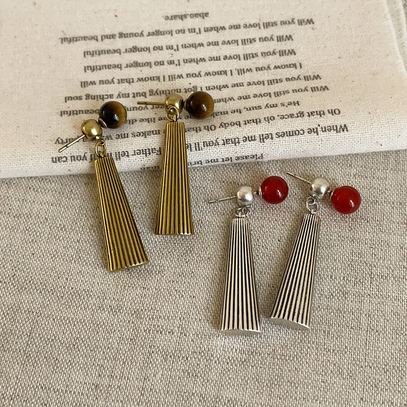 欧美风简约虎眼石玛瑙前后戴长款扇形耳钉女独特个性时尚百搭耳环