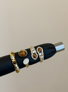 高级感虎眼石锆石褶皱金属开口戒指女新款棕色时髦百搭指环戒子