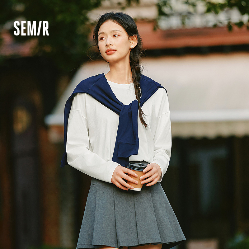 森马oversize纯棉圆领长袖T恤女