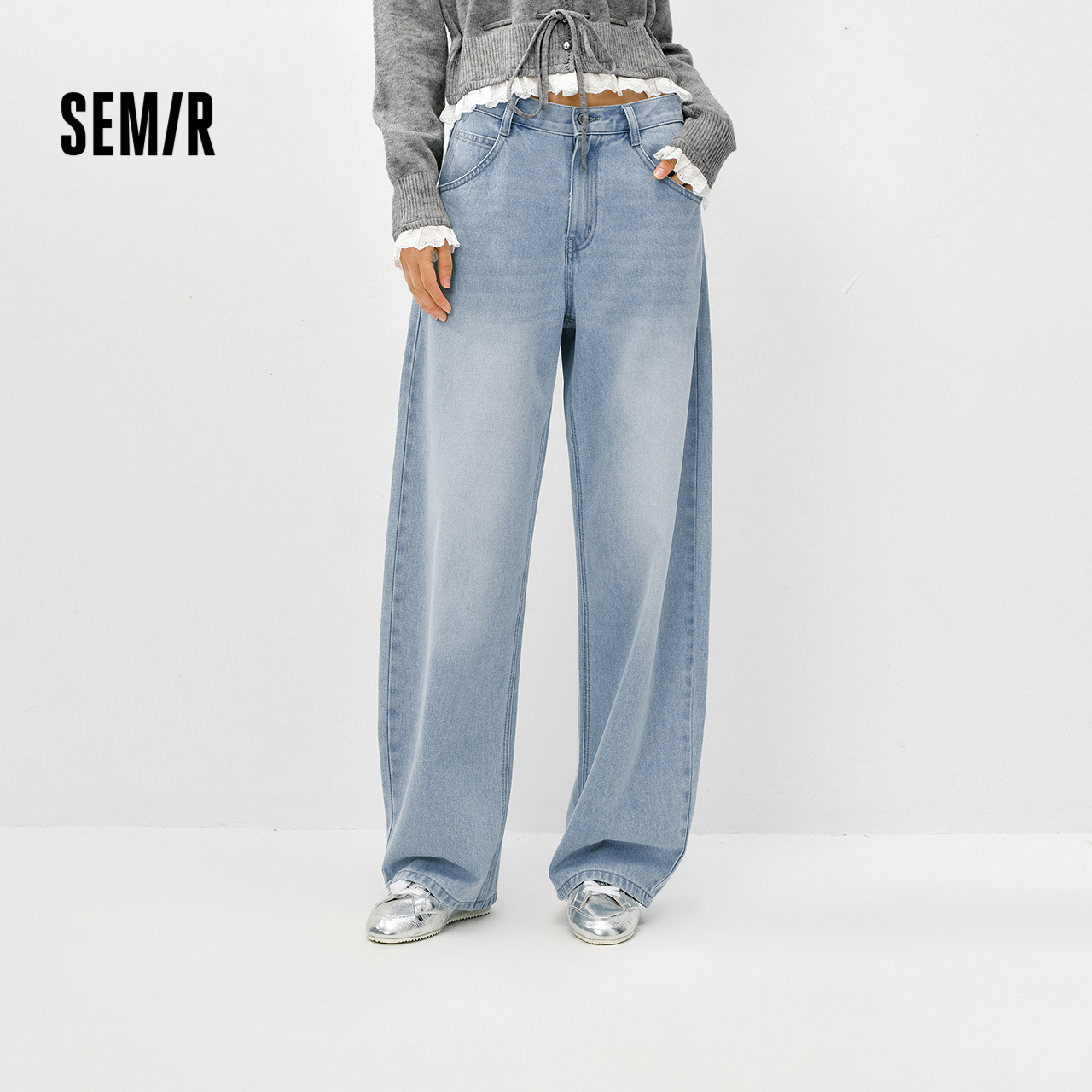 森马含莱赛尔宽松弯刀牛仔裤女