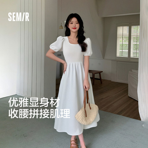 森马连衣裙气质泡泡袖拼接毛织