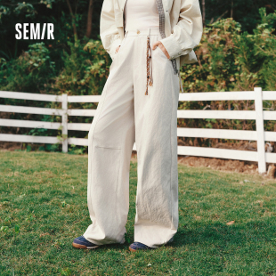 街头弯刀裤 挂饰半松紧腰宽松2026新款 女春中缝肌理长裤 森马休闲裤