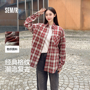 森马长袖 女中长款 慵懒宽松落肩休闲2025秋季 chic复古格纹衬衣 衬衫