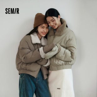 森马棉服女冬毛绒翻领手套宽松分割肌理2025新款 复古休闲棉衣 时尚