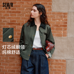 森马外套女巴恩风宽松2025秋季 灯芯绒翻领拼接短夹克复古棉质上衣