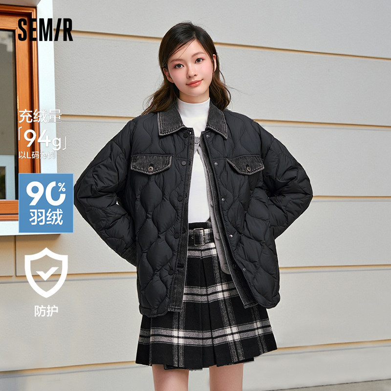 森马羽绒服女中长款宽松防泼水时尚百搭冬季拼接轻薄外套黑色街头