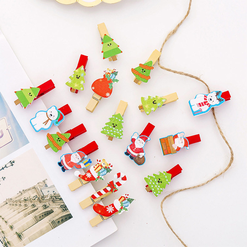 圣诞节装饰礼物小木夹照片夹可爱卡通彩色相片夹含麻绳照片墙夹子