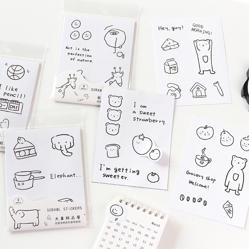 ins风韩国卡通手绘装饰贴纸信笔涂鸦动物黑白简笔画手帐素材贴画