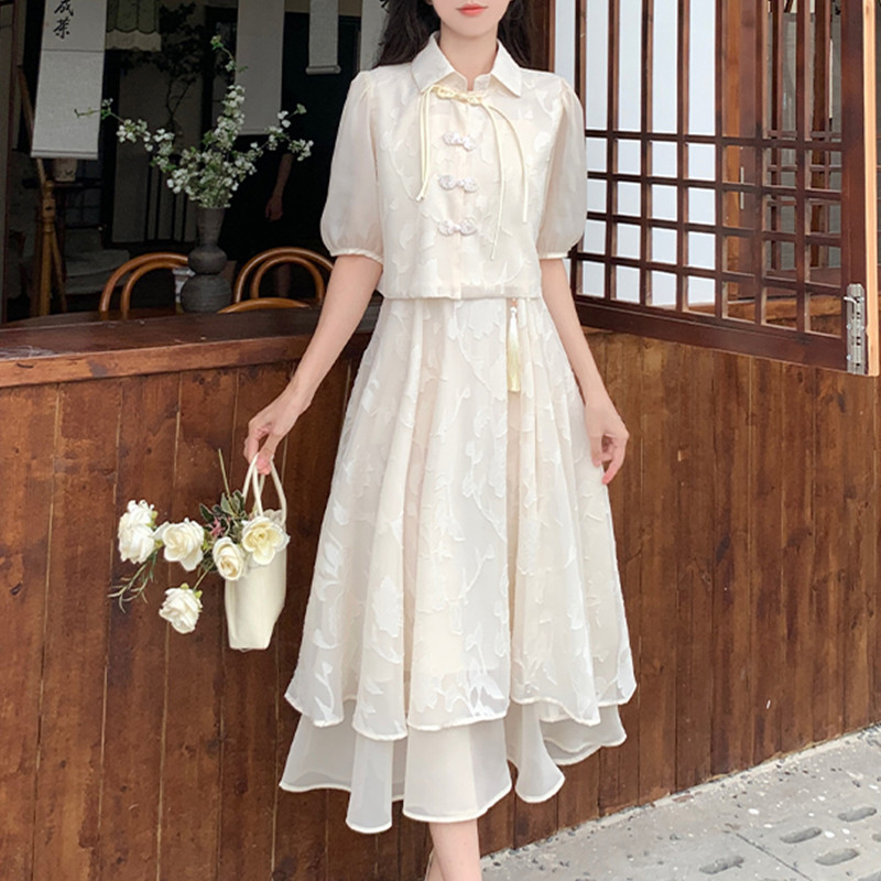 New Chinese style Chinese style coil buckle vintage sweet cardigan slip dress set summer large size gentle style elegant dress