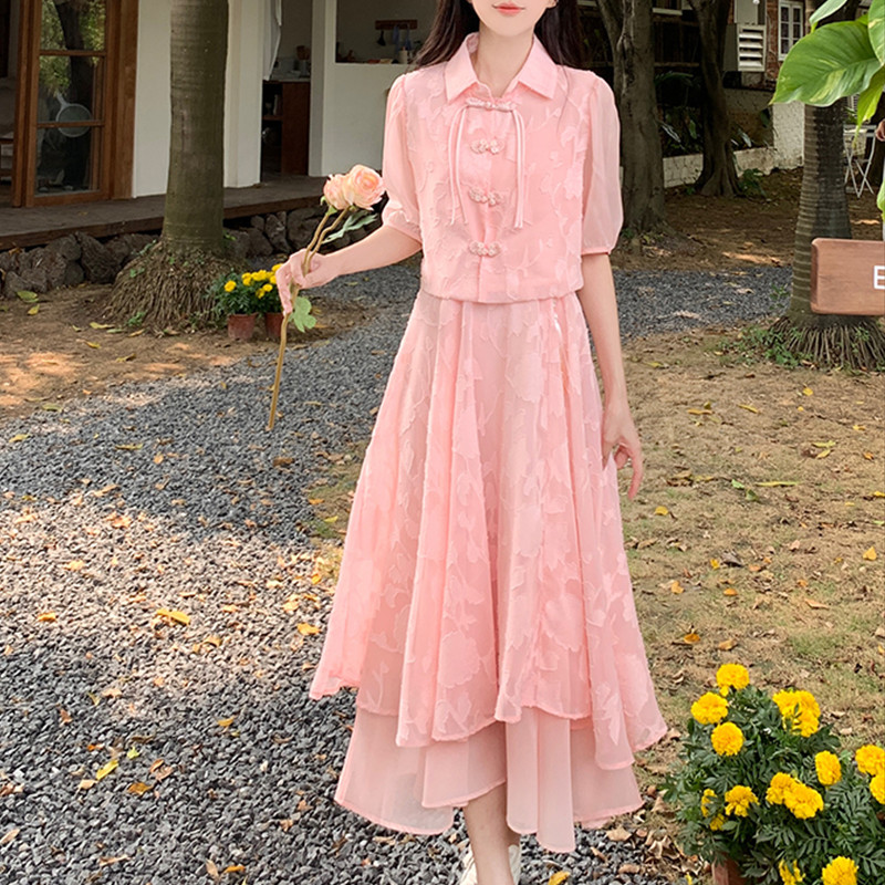 New Chinese style Chinese style coil buckle vintage sweet cardigan slip dress set summer large size gentle style elegant dress