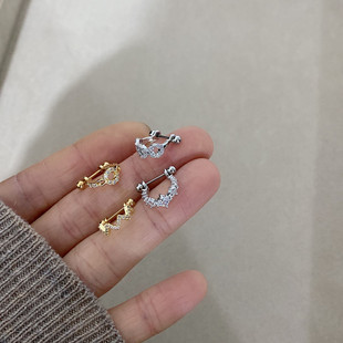 钛钢微镶锆石扇形耳骨圈前后面双头螺丝拧扣细针耳廓耳垂钉耳圈环