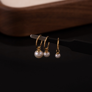 钛钢极简素圈吊天然淡水珍珠耳坠大小珍珠圈圈小耳环耳骨耳扣耳圈