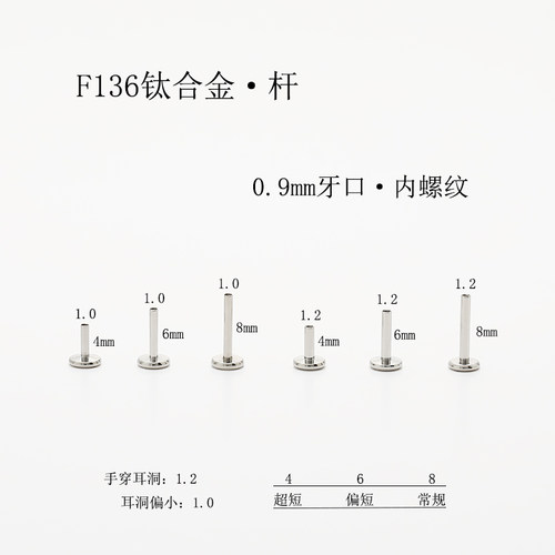 F136植入级医用钛合金穿刺平底杆牙口0.9mm替换针内螺纹杆耳钉座